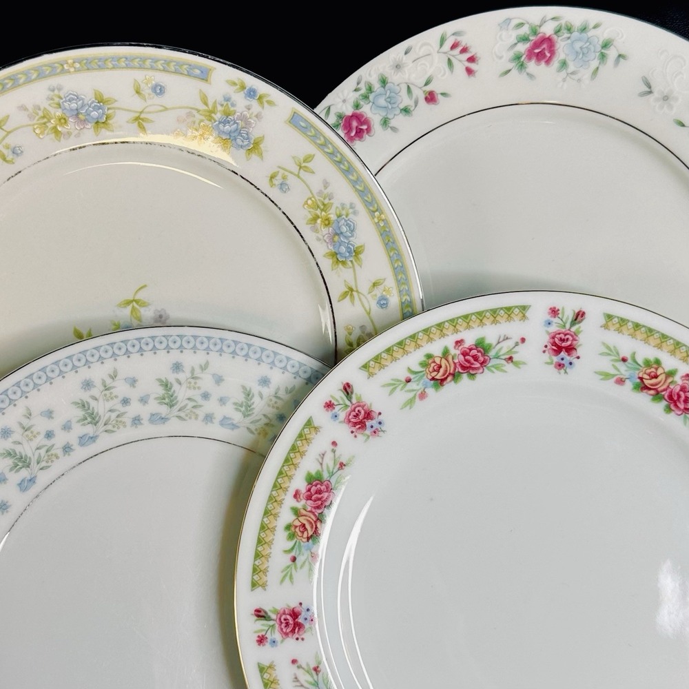 4 Vtg Mismatched China SALAD Luncheon Plates Plate Set Mixed Floral Blue Gold - Picture 2 of 9